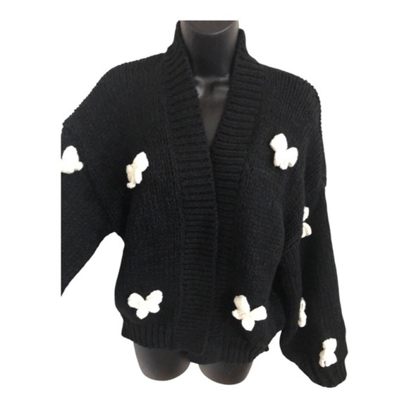 Black and White Crochet bow open front crochet style cardigan One Size new - Picture 10 of 12